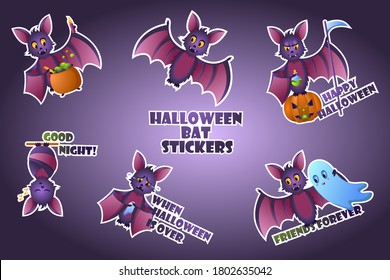 Set of halloween bat stickers for the design of postcards, packaging, web. Happy halloween night.