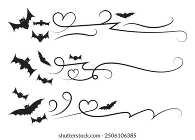 set of Halloween Bats flourish dividers, hand drawn fancy lines Calligraphy Ornament vine scroll page separator, decorative ornate swirls vintage menu Wedding border holiday design element