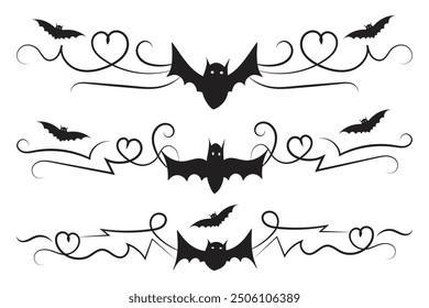 set of Halloween Bats flourish dividers, hand drawn fancy lines Calligraphy Ornament vine scroll page separator, decorative ornate swirls vintage menu Wedding border holiday design element