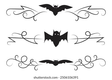 set of Halloween Bats flourish dividers, hand drawn fancy lines Calligraphy Ornament vine scroll page separator, decorative ornate swirls vintage menu Wedding border holiday design element