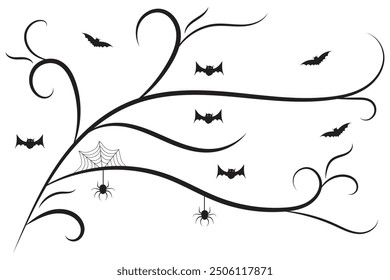 
conjunto de murciélagos de Halloween florecen remolinos, líneas de lujo dibujadas a mano Caligrafía Ornamento de la vid scroll Elementos decorativos, rizos de filigrana en blanco y negro, decoración de página boda adornado elemento de diseño de vacaciones
