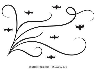 
conjunto de murciélagos de Halloween florecen remolinos, líneas de lujo dibujadas a mano Caligrafía Ornamento de la vid scroll Elementos decorativos, rizos de filigrana en blanco y negro, decoración de página boda adornado elemento de diseño de vacaciones
