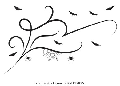 
conjunto de murciélagos de Halloween florecen remolinos, líneas de lujo dibujadas a mano Caligrafía Ornamento de la vid scroll Elementos decorativos, rizos de filigrana en blanco y negro, decoración de página boda adornado elemento de diseño de vacaciones
