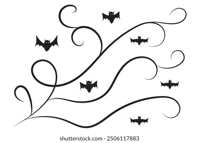 
conjunto de murciélagos de Halloween florecen remolinos, líneas de lujo dibujadas a mano Caligrafía Ornamento de la vid scroll Elementos decorativos, rizos de filigrana en blanco y negro, decoración de página boda adornado elemento de diseño de vacaciones
