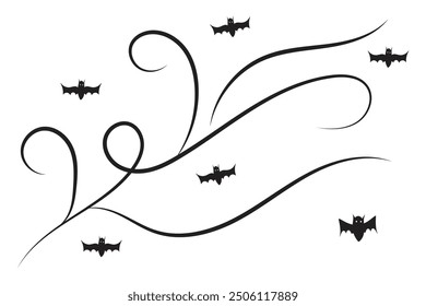 
conjunto de murciélagos de Halloween florecen remolinos, líneas de lujo dibujadas a mano Caligrafía Ornamento de la vid scroll Elementos decorativos, rizos de filigrana en blanco y negro, decoración de página boda adornado elemento de diseño de vacaciones
