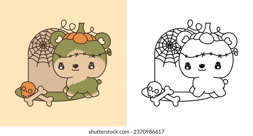 Set Halloween Bear Multicolored and Black and White. Kawaii Clip Art Halloween Forest Animal. Cute Vector Illustration of a Kawaii Halloween Animal in a Zombie Costume. 