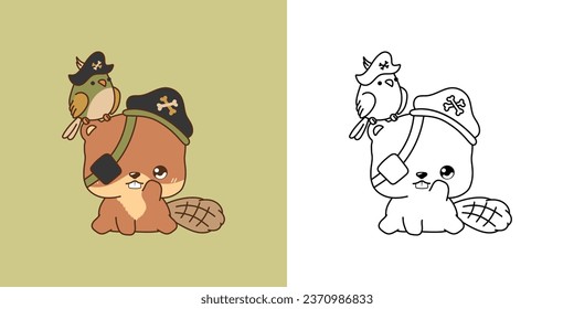 Set Halloween Beaver Multicolored and Black and White. Kawaii Clip Art Halloween Forest Animal. Cute Vector Illustration of a Kawaii Halloween Animal in a Pirate Costume. 
