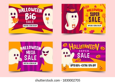 Set of Halloween Big Sale, Mega Sale, Super Sale with Spooky Ghost, Ghost Carrying Big Candy And Ghost Carrying Halloween Paper Bag