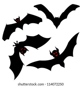 Set of halloween black bat with red eyes. Vector illustration.