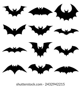 Set of Halloween black bat silhouettes isolated on a white background