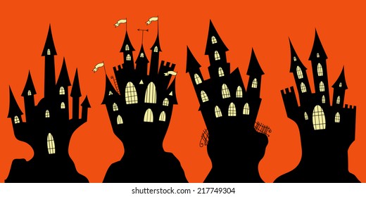  Set of Halloween black castle. Vector Halloween haunted castles  isolated on a orange background.