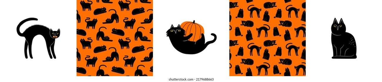 Set halloween black cat animal cartoon seamless pattern  Funny hand drawn witch cats background collection 