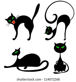 Set of halloween black cat with green eyes. Vector illustration.