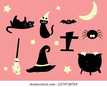 set of halloween black cat, hat, spider, and bat