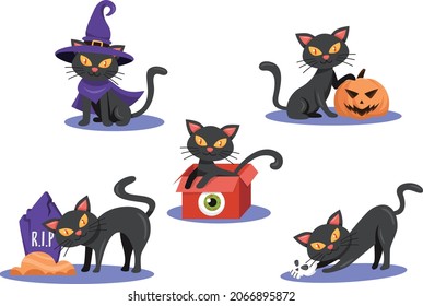 Set of Halloween Black cat vector illustration