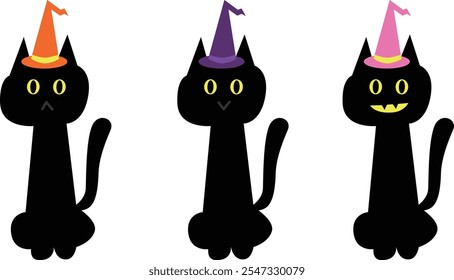 Set of Halloween black cats wearing triangular hats. Vector illustration isolated on a transparent background.