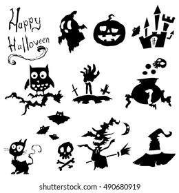 Set of Halloween black characters on white background. Vector illustration.