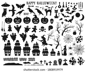 Set of Halloween black icons with witch, cat, raven, hat, ghosts, bats, candle, pumpkin, spider, cobweb, skull and bones. Vector illustration in flat style isolated  over white background