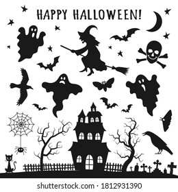 Set of Halloween black icons with witch, cat, raven, ghosts, bats, spider, cobweb, skull and bones. Vector illustration in flat style isolated over white background