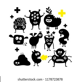 Set of halloween black monster silhouettes isolated on white background. Cute funny scary cartoon creatures in vector.