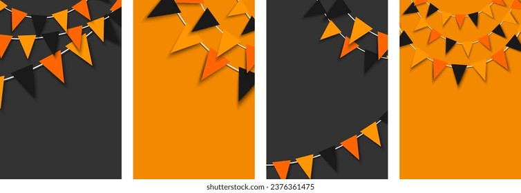 Set of Halloween black and orange flag garland. Party decoration. Celebration flags for decor. Vector illustration.