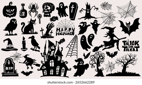 Conjunto de silhuetas pretas de Halloween. Casa assombrada, árvore assustador, fantasma halloween, tampa de caixão, bruxa voadora, abóbora, Ideal para criar decorações misteriosas, projetos sazonais e projetos digitais festivos