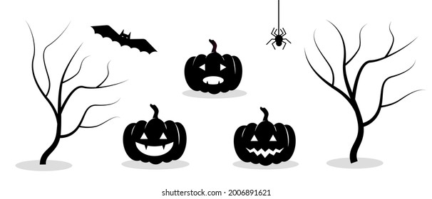 Set Halloween – black silhouettes of pumpkins with smile, spider, bat and trees on white background. Symbols of happy Halloween holiday. Isolated Vector objects for your design
