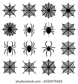 Set of halloween black spider with nets. Vector illustration.