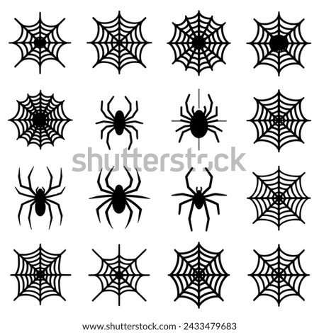 Set of halloween black spider with nets. Vector illustration.