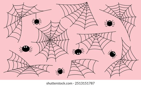 Set of Halloween black spider webs on pink background. Halloween concept. Halloween objects.	