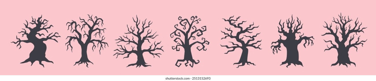 Set of Halloween black trees on pink background. Halloween concept. Halloween objects.	