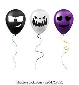 Set of Halloween black, white and purple balloons with scary and funny faces