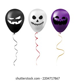Set of Halloween black, white and purple balloons with scary and funny faces