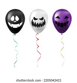 Set of Halloween black, white and purple balloons with scary and funny faces