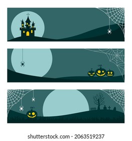 Set of Halloween blue turquoise banners with moon, castle, pumpkins and spiders on cobweb. Flat vector illustration with copy space for websites and social media 