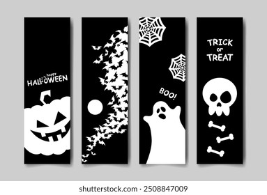 Set of Halloween bookmarks and greeting cards. Vector illustration. Black and white background with ghost, pumpkin, skull and bats.