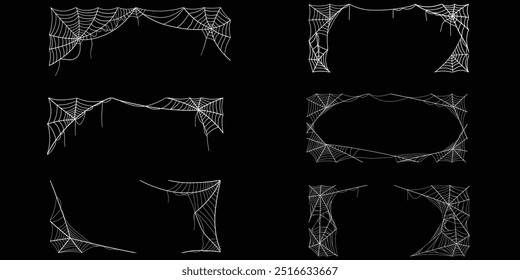 definir a decoração de moldura de borda de Halloween, teia de aranha branca isolada no fundo preto. Conjunto de ilustrações do Cobweb Vetor.