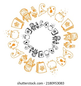 a set of Halloween borders. a frame of round ones with scribbles ghost, cauldron, potion with hot, mummy, spell book, orange and black outline on white with space for text for the design template