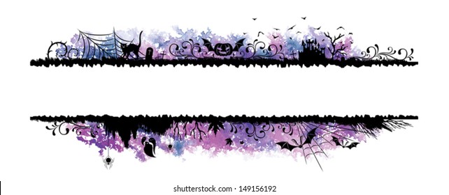 Set of halloween borders with watercolor elements