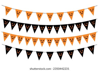 set of halloween buntings, triangular flags with scary faces, black and orange party decorations, vector decorative elements