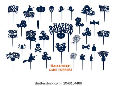 Set of halloween cake toppers with pumpkin, ghost, witch silhouette, skull and bones. As templates for laser cutting macchines. For party, home decoration. Hand lettering quotes