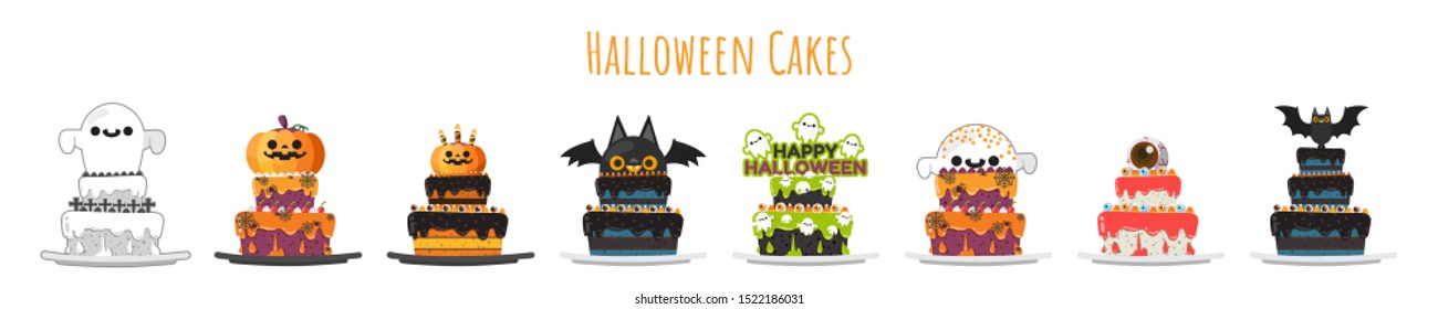 Set of Halloween cakes, A lot of fancy halloween element such as ghosts, pumpkins, bats, spiders decorated on tower of cakes.Vector illustration.