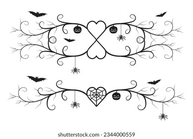 set of Halloween calligraphy flourish filigree wilds swirls, decorative elements elegant vines spiral corner frame, bat pumpkin heart vine scroll scary spider dry tree style calligraphic ornaments
