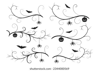set of Halloween calligraphy flourish filigree wilds swirls, decorative elements elegant vines spiral corner frame, bat pumpkin heart vine scroll scary spider dry tree style calligraphic ornaments
