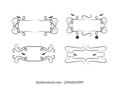 set of Halloween calligraphy flourish filigree wilds swirls, decorative elements elegant vines spiral corner frame, bat pumpkin heart vine scroll scary spider luxury style calligraphic ornaments
