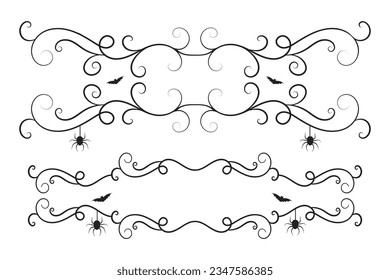 
set of Halloween calligraphy victorian flourish filigree wilds swirls, vintage menu ornaments, vines spiral corner frame, decorative swirl border, bat vine scroll spider luxury swirls ornamental