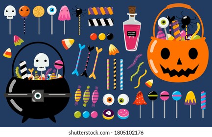 Set Of Halloween Candies For Kids. Collection Of Vector Isolated Sweets - Lollipops, Caramel, Marshmallow, Marmalade, Sugar Bones. Trick Or Treat Party Bucket Full Of Candy (bag, Cauldron, Pumpkin).