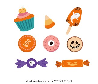 Set of Halloween candies for kids. Collection of vector isolated sweets - candies, cookies, cupcake. Trick or treat party candies.