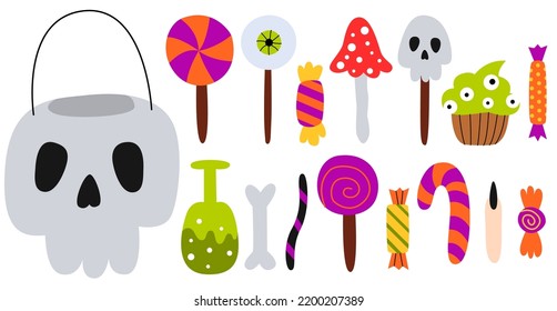 Set halloween candies and skull cauldron. Lollipops, candies, sugar cane and cookies. Trick or treat elements.