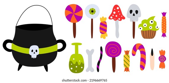 Set halloween candies and witches cauldron. Lollipops, candies, sugar cane and cookies. Trick or treat elements.